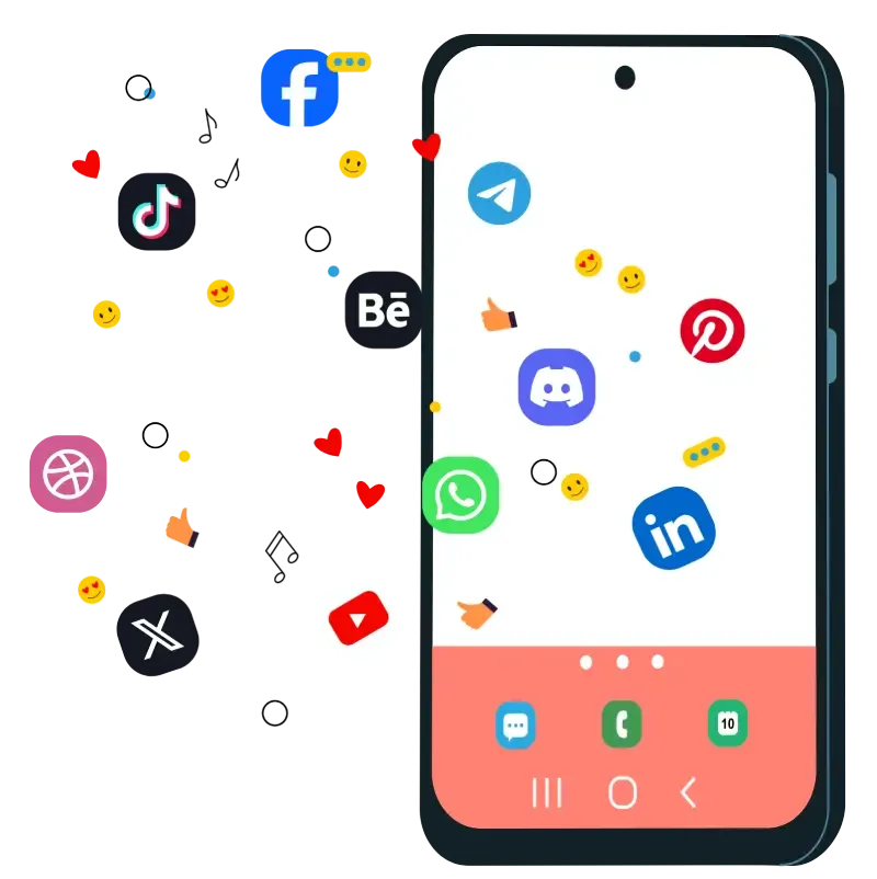 Phone surrounded by floating social media platform icons including Facebook, TikTok, Instagram, LinkedIn, X, WhatsApp, Pinterest, Telegram, Discord, YouTube, Behance and Dribbble.