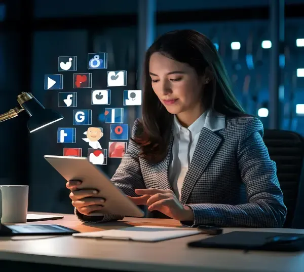 Professional using a tablet at night with floating glowing social and app icons above the screen in a modern office.