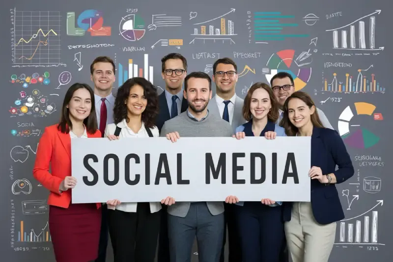 Diverse business team holding a Social Media banner in front of a grey wall covered with hand-drawn charts, graphs, and strategy sketches.