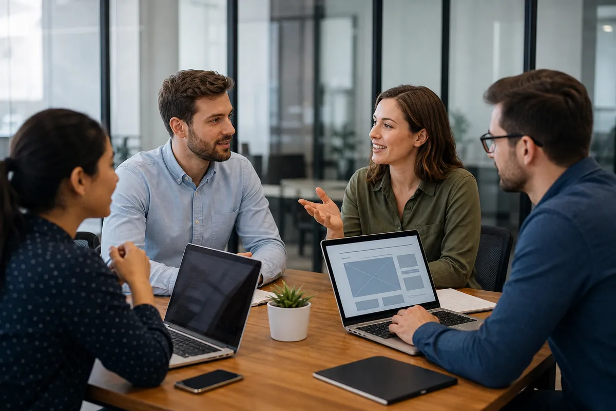 Team collaborating in a bright office setting.