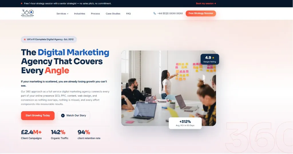 360 homepage hero section shown on a desktop viewport.