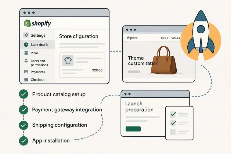 Shopify store setup, theme customisation, and launch preparation workflow